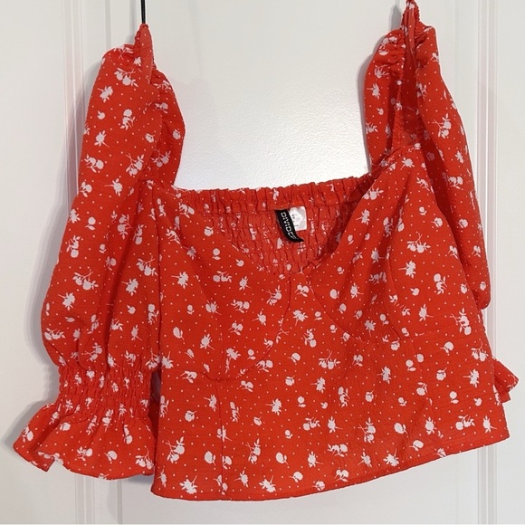 H&M Junior Puff Sleeve Crop Top Red Floral Shirt  Boho Top Summer Resort wear - Picture 3 of 9